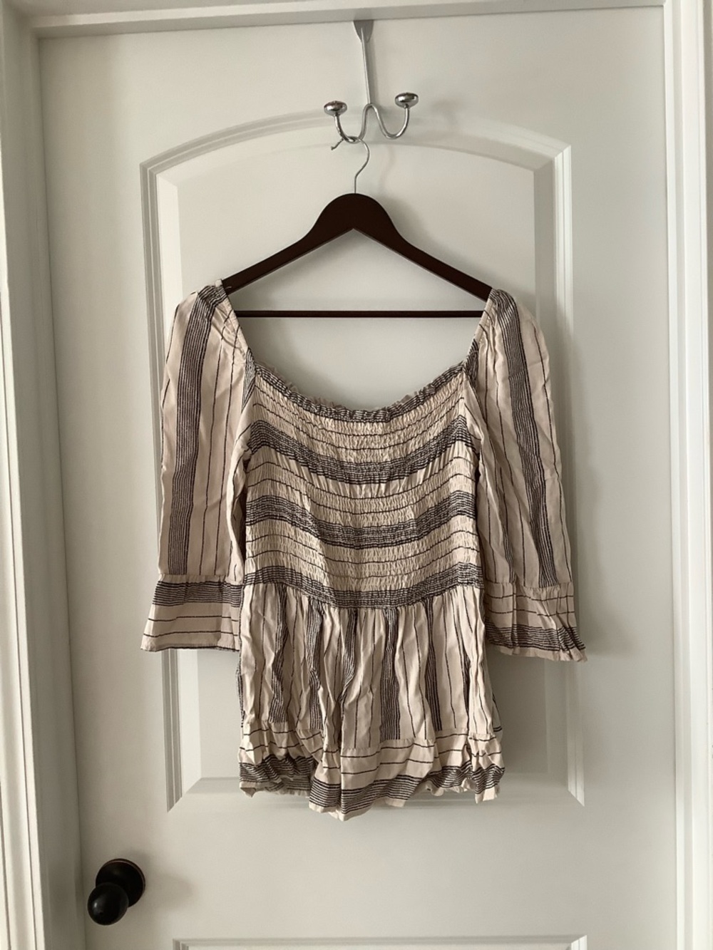 Smocked Cream Peasant Blouse with Brown Stripe Detail